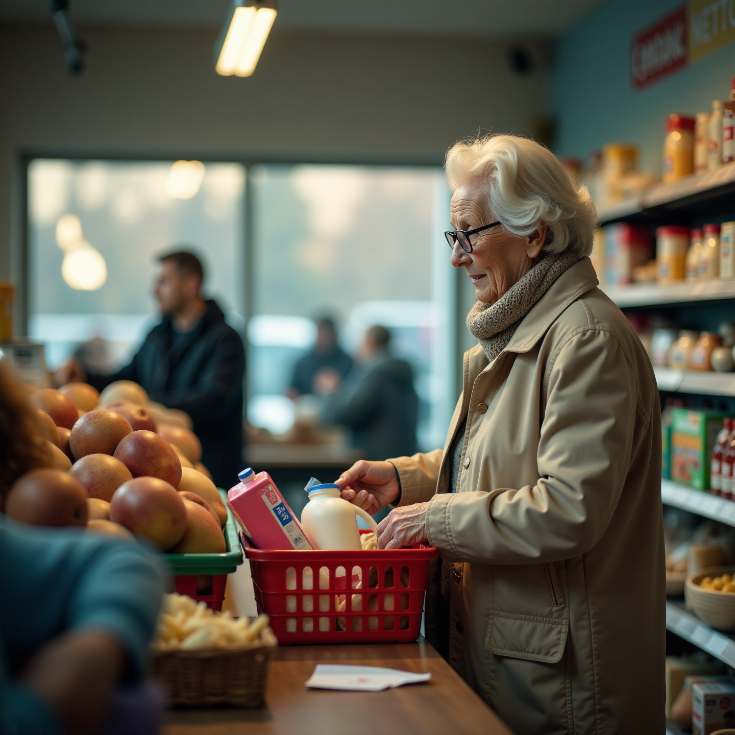 Изображение — пожилая женщина с социальной картой в магазине в российском городе