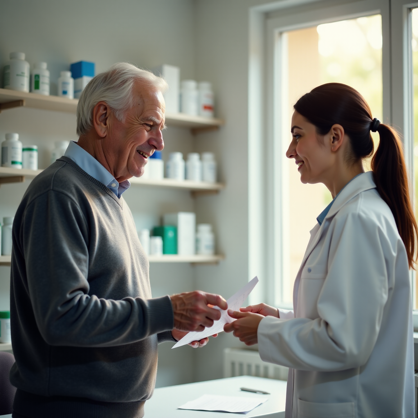 Изображение — пожилой человек получает лекарства от фармацевта по рецепту