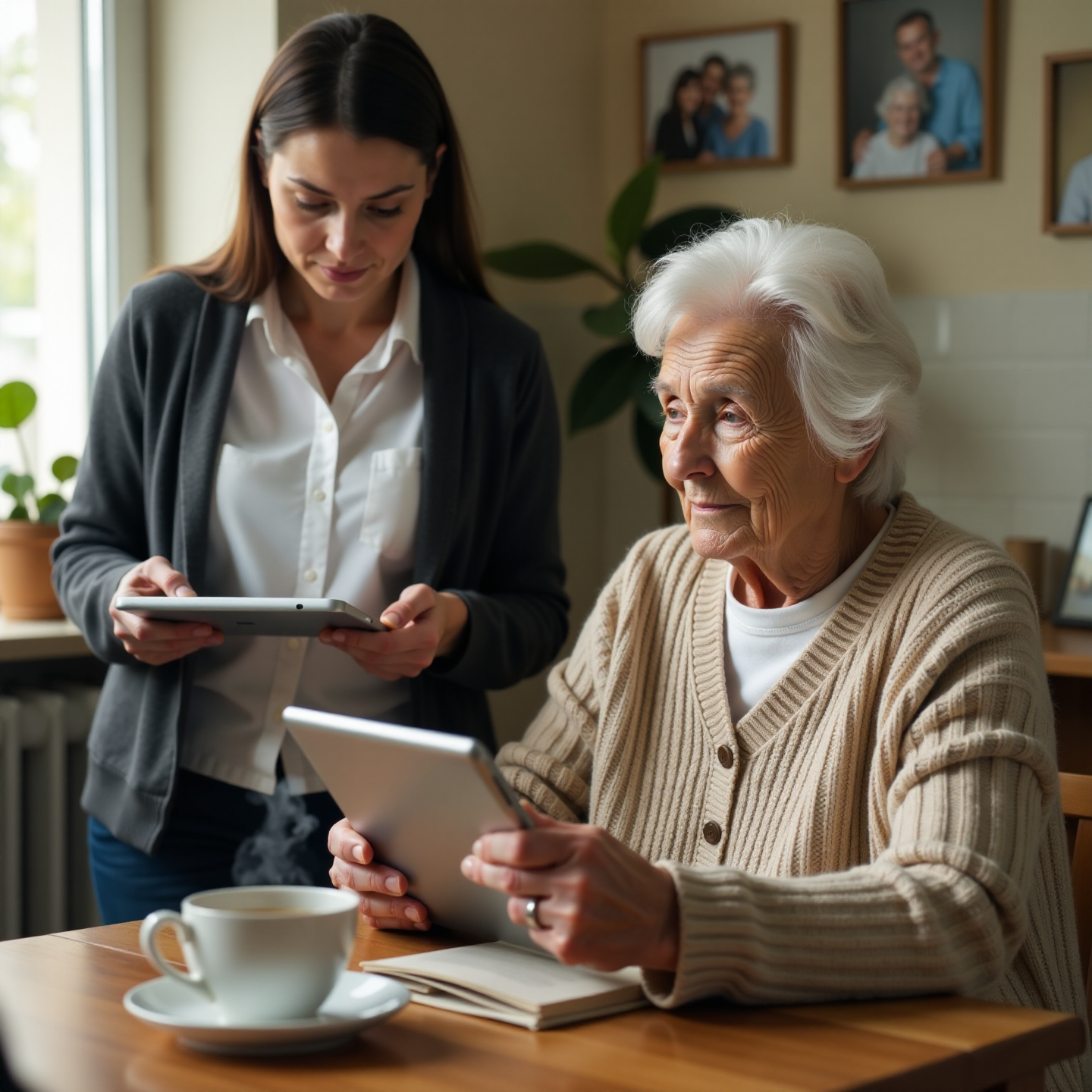 Изображение — пожилой человек с соцработником оформляет субсидию дома
