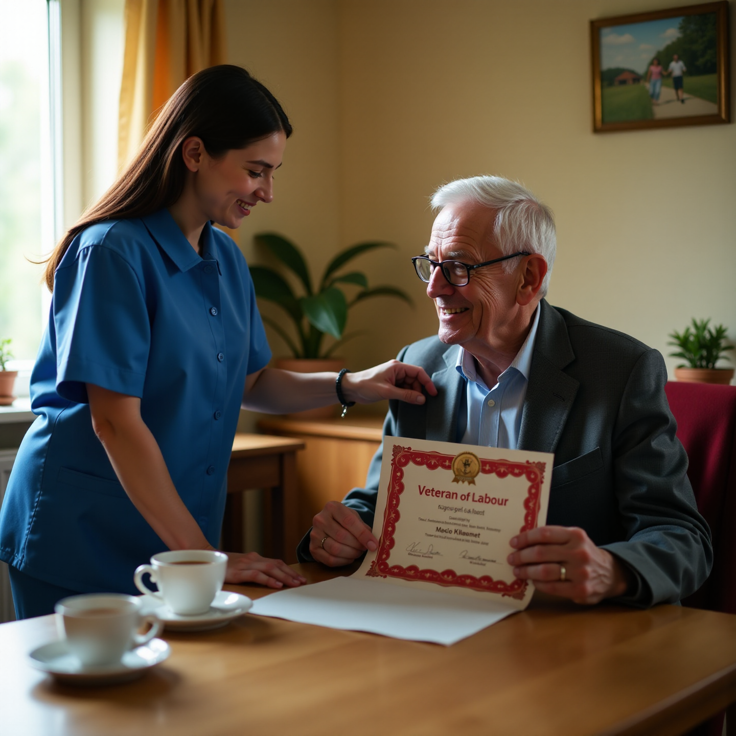 Изображение — пожилой ветеран труда с удостоверением и соцработником