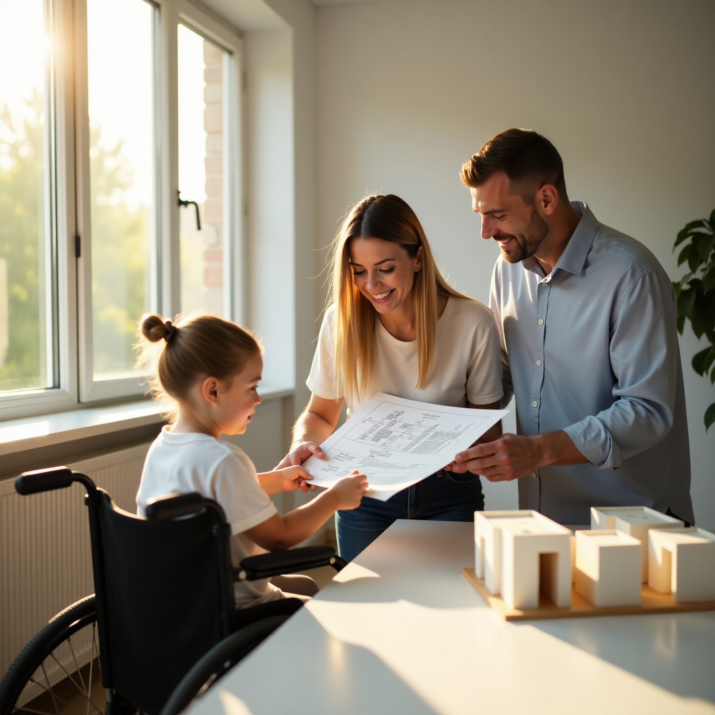 Изображение — родители с ребёнком-инвалидом выбирают квартиру в новостройке